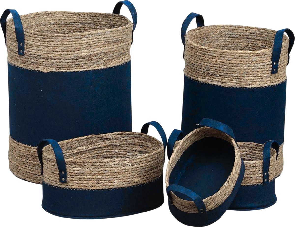 Mand met handvat riet/vilt blauw 49 cm set van 5