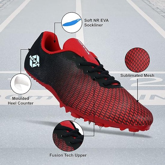 NIVIA Stride 3.0 Athletic Spikes Track & Field Schoenen | Kleur: Rood | Maat: 5 UK/ 6 US/ 39 EU | Materiaal: Synthetisch/EVA | Voor heren en jongens | Lichtgewicht | TPU Fusion Technologie | Betere demping | 8 afneembare spike pinnen
