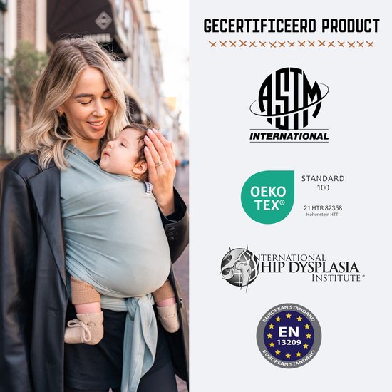 ByKay Stretchy Deluxe - rekbare draagdoek newborn - ergonomisch - tot 18kg - 100% biologisch katoen - Minty Grey - maat M