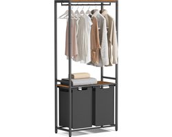 MIRA Home Wasmand met Kledingrek - Wassorteerder 2 Vakken 2x46 Liter - Zwart/Bruin - 73x33x177 cm