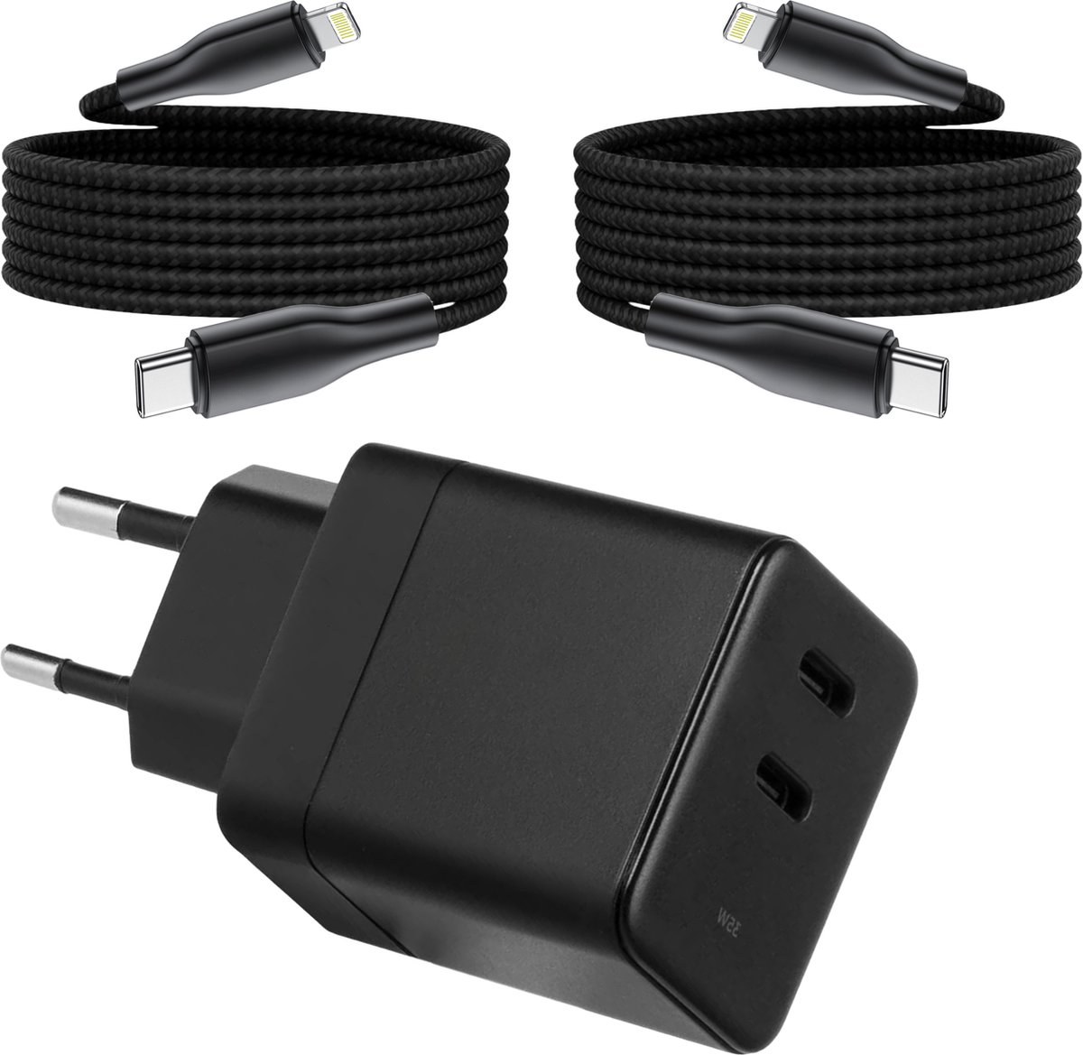 Dual Power Adapter USB C - Geschikt voor iPhone - Oplader Kabel met 3 Meter Lange USB C Kabels - Snellader