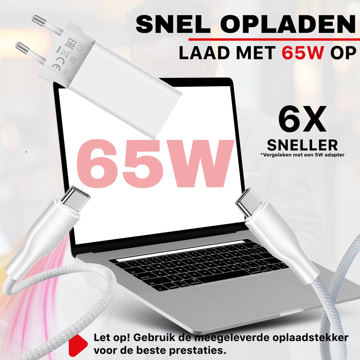 Snellader 65W USB-C kabel 1m, fast charge oplader voor iPhone 16, Samsung, MacBook, Dell, HP apparaten - Afbeelding 2