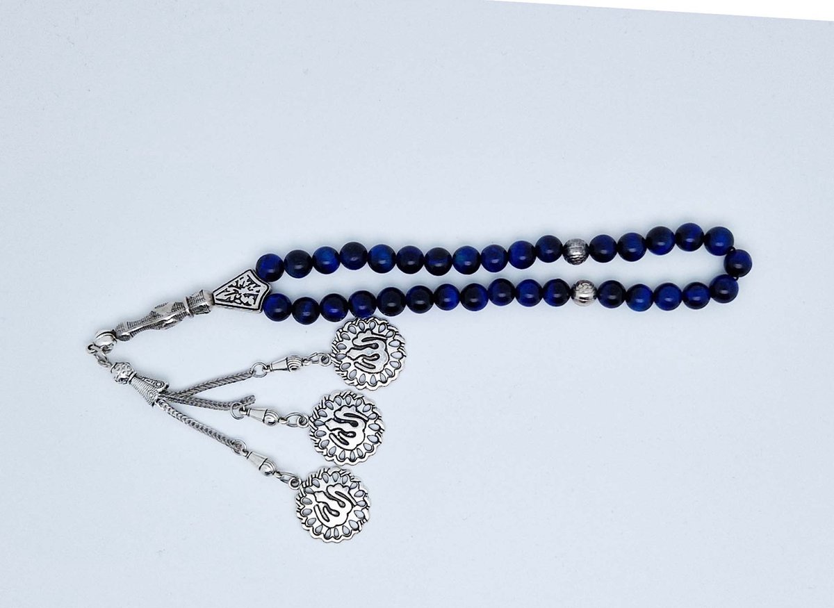 Handgemaakte tesbih "tasbih" natuursteen "Azuur" - Aantal kralen 33 - Diameter kralen 8 MM - met metaal tassel "model 3" - Een mooi cadeau-idee