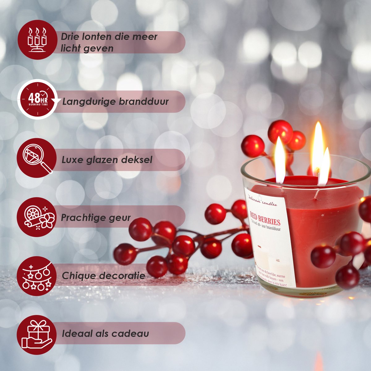 Geurkaars in glas Red Berries rode bessen - Grote luxe Buitenkaars - 48 uur brandduur - Drie lonten scented candle — cadeau in Wonen & Interieur - foto 6