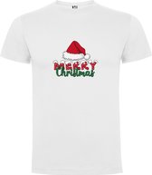 Wit T-Shirt met “Kleurrijke Kerstmuts en Merry Christmas “ Print Full Color Maat M