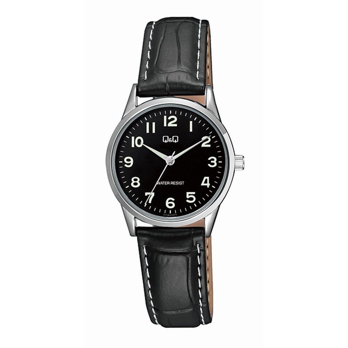 QQ C11A-017PY - Horloge - Analoog - Vrouwen - Dames - Leren band - Rond - Metaal - Cijfers - Zwart - Zilverkleurig