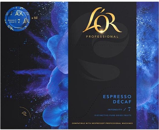 L'OR Professional Espresso Décafe koffiecups, intensity 7, met een afbeelding van een blauwe bloem.