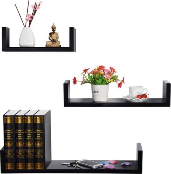 WOLTU Hoogglans zwevende planken, set van 4 wandplanken, CD DVD opslag hoekplank, premium houten planken voor slaapkamer woonkamer keuken 30 x 22,9 x 3,8 cm, zwart, RG9489sz-4