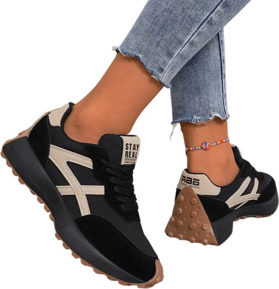 Livano Chaussures pour femmes Femme - Baskets pour femmes - Confortables - Sportives - Décontractées - Adulte - Zwart/ Beige - Taille 38