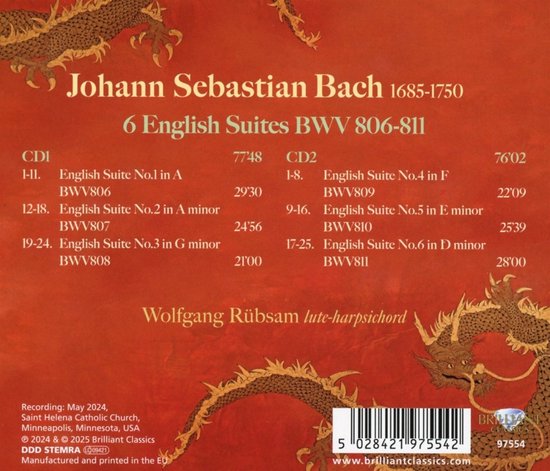 Wolfgang Rübsam - J.S. Bach: 6 English Suites Bwv 806-811 (2 CD ...