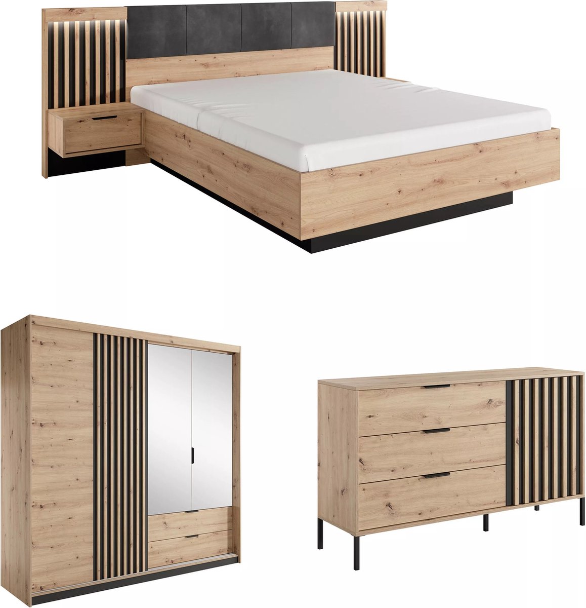 Vente-unique Set bed met nachtkastjes 160 x 200 cm + ladekast + kast - Kleur: naturel en zwart - ARIADA
