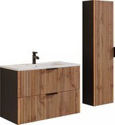 Meuble de salle de bain nervuré avec vasque intégrée et meuble colonne - Naturel clair et noir - 80 cm - MADELA L 80 cm x H 57 cm x P 46 cm