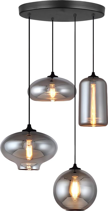 Luxe Hanglamp - 4-lichts Smoke Glas Bollen Design - Moderne Industriële Plafondlamp - Inclusief LED Lampen - Zwart Frame - Verstelbare Hoogte - Voor Woonkamer, Eetkamer, Slaapkamer