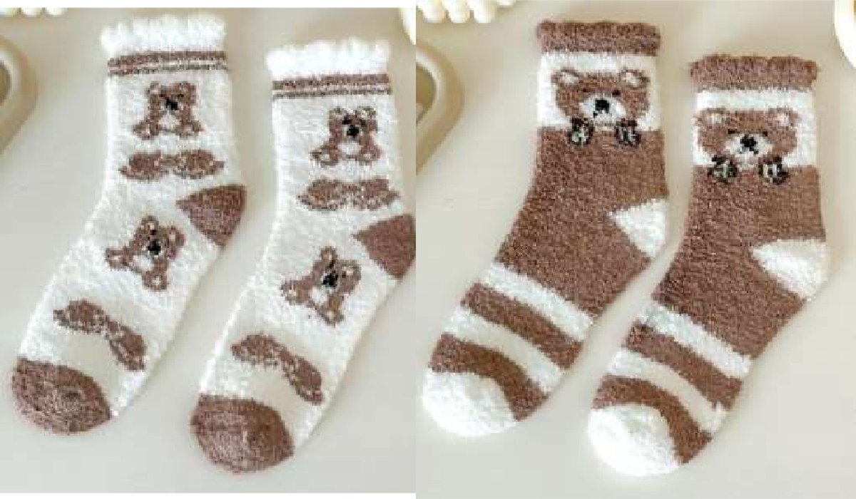 Fluffy Dames Sokken - 2 paar - giftbox - huissokken - sleep sokken - 36 - 40 - wit - buin - leuke print beer - warm - zacht - cadeau voor haar - gift