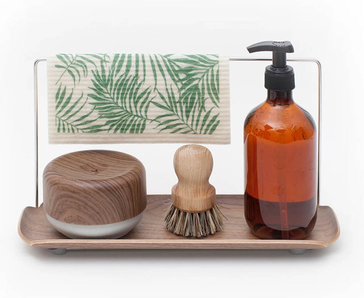 Bosign - Leaf™ - spoelbak organizer met vaatdoekhouder - Walnoothout – waterbestendig - L 33 x B 11,5 x H 17,5 cm