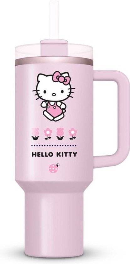 Lichtroze Hello Kitty beker van 1,2 liter met afbeelding van Hello Kitty, bloemen en de tekst "Hello Kitty".