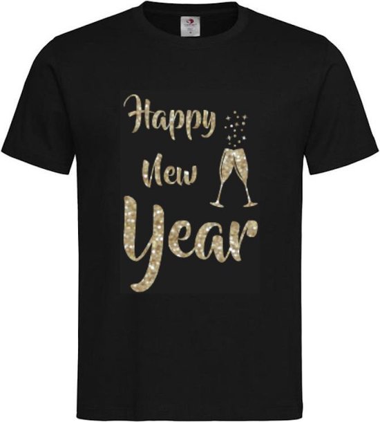Zwart T-shirt met de tekst 'Happy New Year' in champagne goud glitter, met twee champagneglazen.