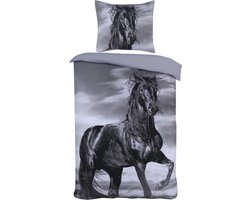 Husch - Kinderdekbedovertrek Bouke - 140x220 - Fries Paard - Zwart/Grijs