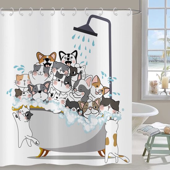 LIVILAN Cartoon Cats Douchegordijn met 12 haken, Abstract Schattig Kitten Dieren Decoratief Zwart en Wit Stof Badgordijn Cadeau voor Kat Lovers, Kinderen en Meisjes, Machine Wasbaar (72 x 78
