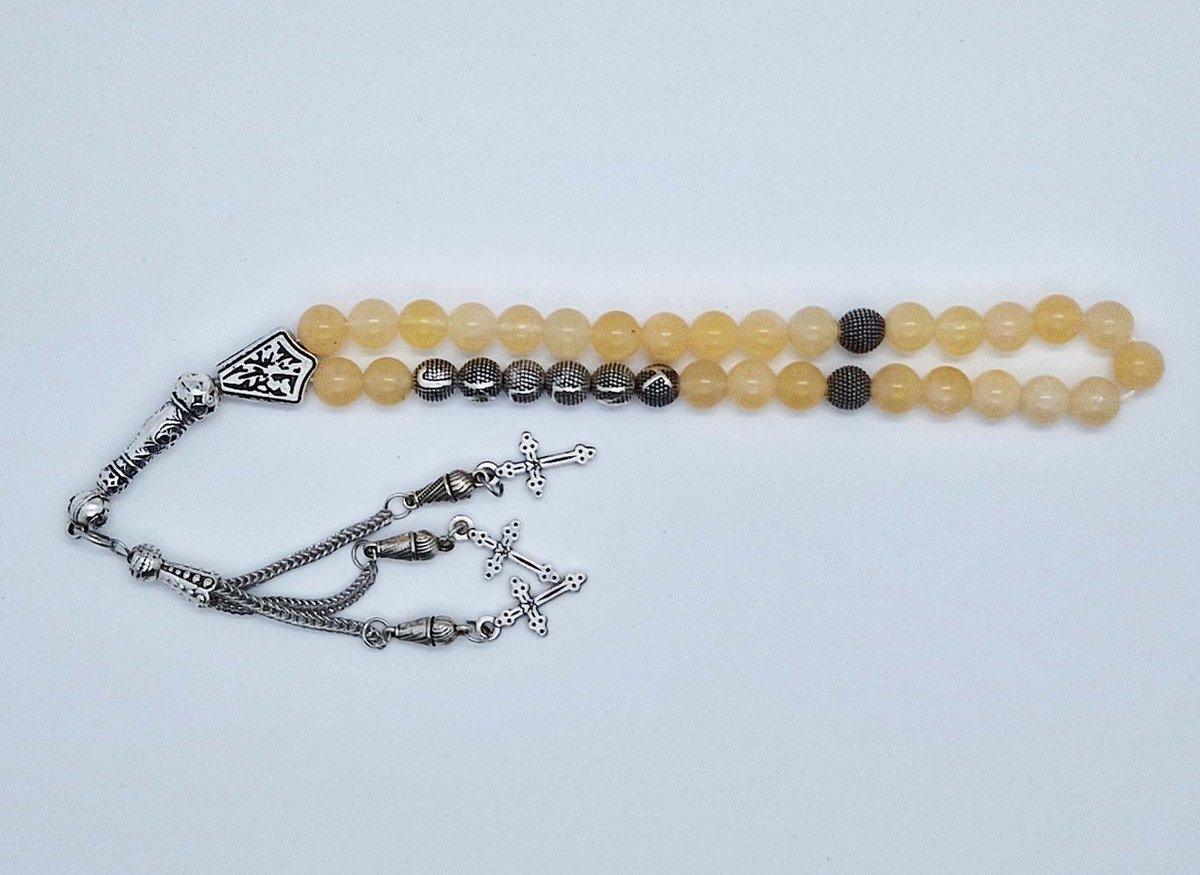 Handgemaakte naam tasbih 33 Kralen Natuursteen “Calciet geel” - met metaal tassel “ Kruis"- Met je naam of de naam van uw geliefde- 8 mm diameter van de korrel