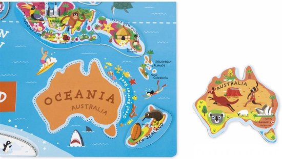 Puzzle magnétique de l'Océanie et de l'Australie, avec des illustrations d'animaux tels qu'un kangourou et un kiwi.