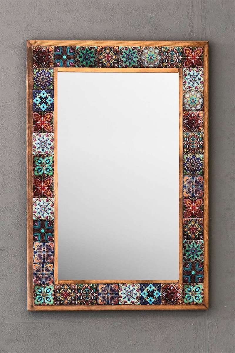 MAK 40 MAK40 - Wandspiegels - Wanddecoratie - Woonaccessoires - Huisspiegel - Home - Handgemaakt - Mozaïekfiguur - Spiegels - 43X63 cm. Mexicaans - Verjaardagscadeau – Wonen - Bruin - Groen - Rood - Bruin - Multi - Met Lijst - Rechthoek