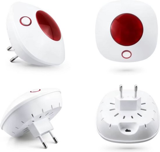 Witte stekker met rood accent, een ronde knop en ventilatiegaten.