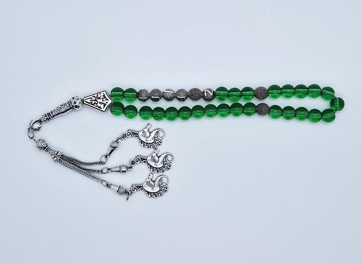 Handgemaakte naam tasbih 33 Kralen Natuursteen “Groene kwartz” - met metaal tassel “ Zeepaardje"- Met je naam of de naam van uw geliefde- 8 mm diameter van de korrel