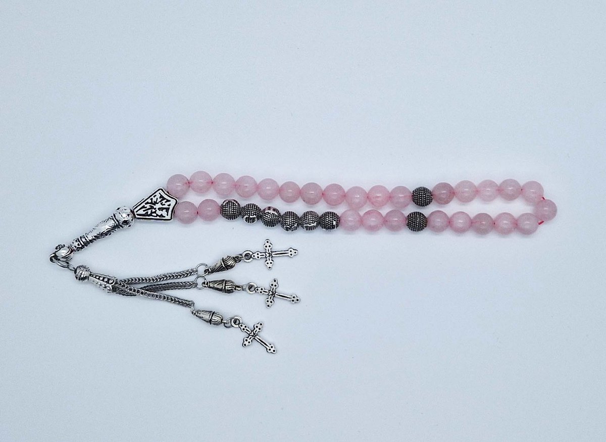 Handgemaakte naam tasbih 33 Kralen Natuursteen “Roze kwartz” - met metaal tassel “ Kruis"- Met je naam of de naam van uw geliefde- 8 mm diameter van de korrel