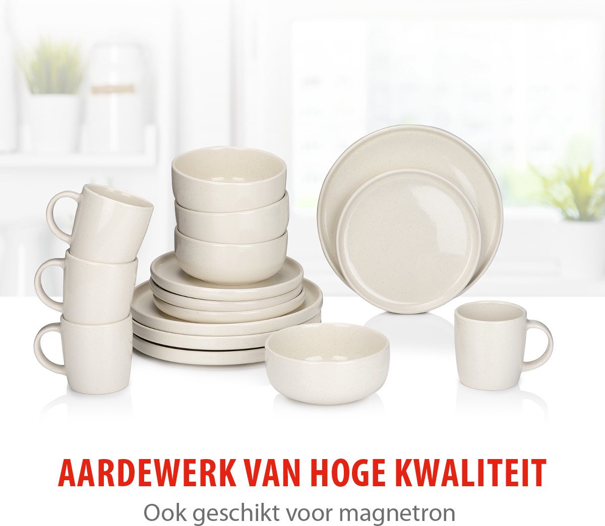 alpina Serviesset 16-Delig - Bordenset 4 Persoons - Aardewerk Servies - Ontbijtborden, Dinerborden, Kommen en Mokken - Magnetron en Vaatwasser Bestendig - Créme — afbeelding 4