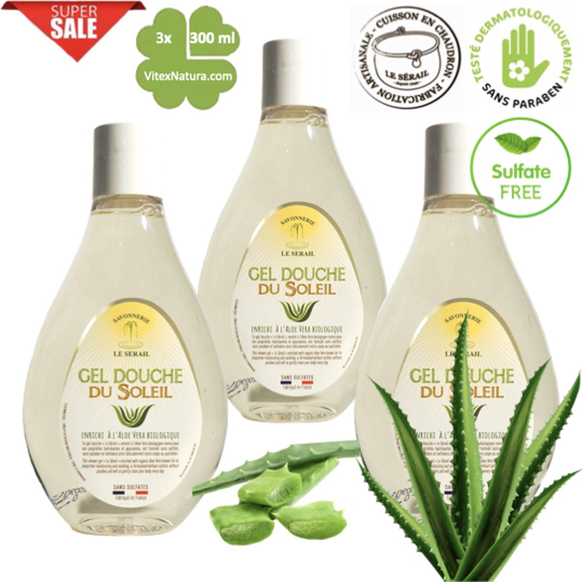 Sulfaatvrije douchegel | 3x300ml | biologische Aloë vera | Le Sérail | Franse Marseillezeep Ambacht
