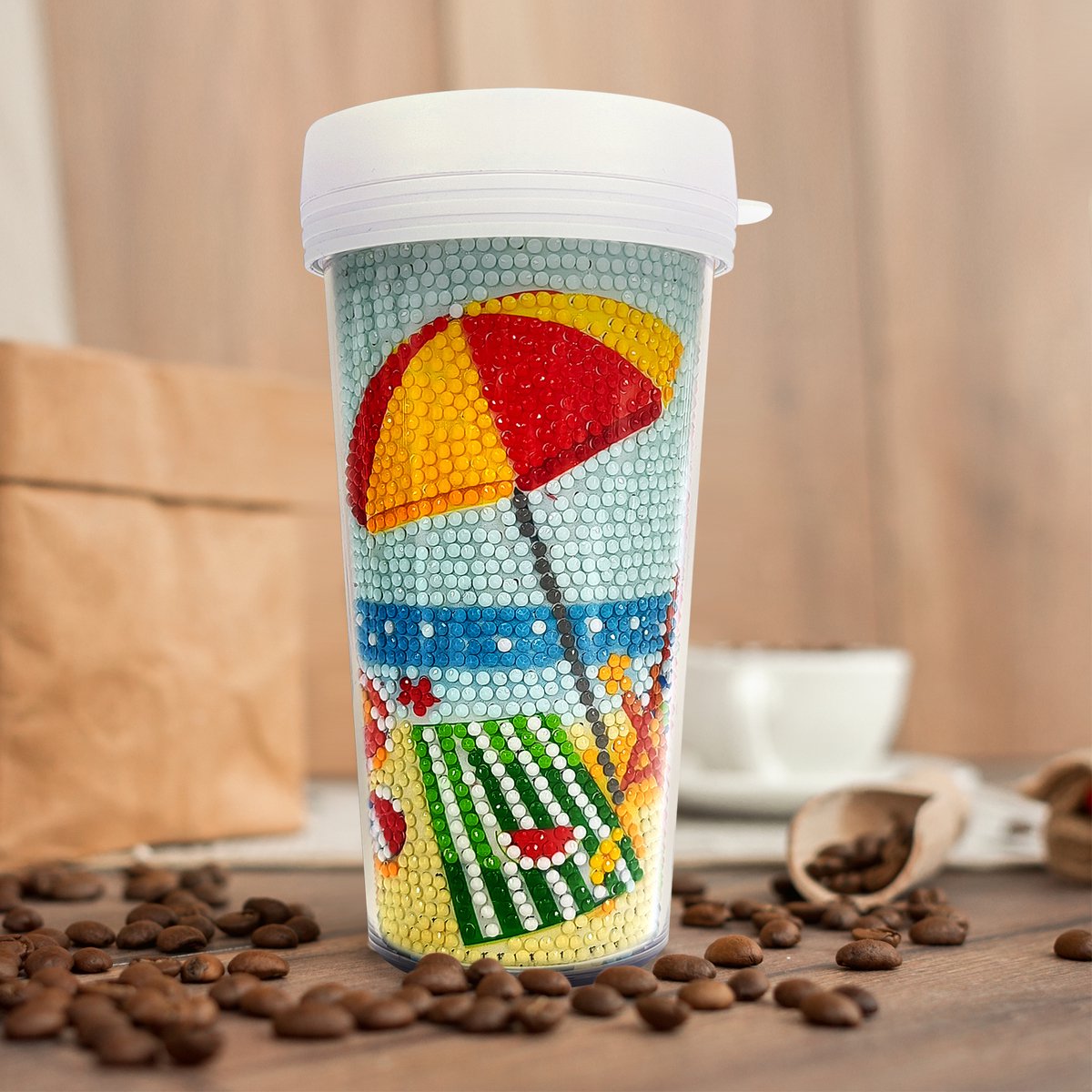 Beker 04 - Parasol op strand - Diamond painting - compleet pakket - Diamond painting by Wietske