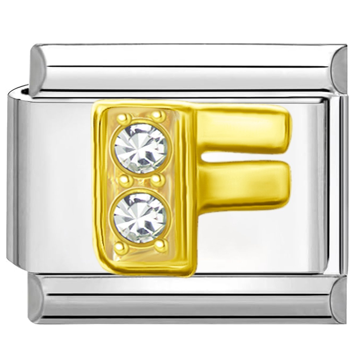 Quiges - Schakel - Bedel - 9mm - charms - Goud - Zirkonia - alfabet - letter F - Geschikt voor - armband - Schakelarmband - italy bedels armband
