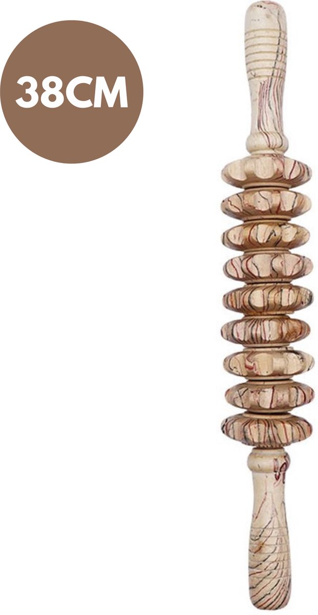 Goedkoopste JustValue Luxe Houten Massage Roller - Massage - Apparaat - Bindweefselmassages - Rug - Voet - Schouder - Spier - Relax - 9 Wielen - 38cm