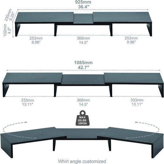 Fenge Houten Monitorstandaard PC Laptop Computerscherm Verhoger, Draaibare Lengte Verstelbaar Monitor Printer Verhoger voor Bureaus met Lade, Telefoonhouder, 75-119X23,5X8,9cm Zwart G04C1122B
