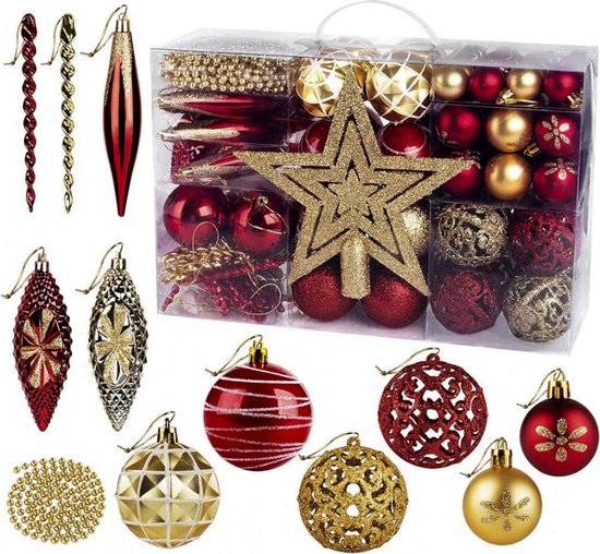 Valery Madelyn 70 stuks onbreekbare kerstballen, traditionele rode en gouden kerstballen ornamenten voor boomdecoratie (M