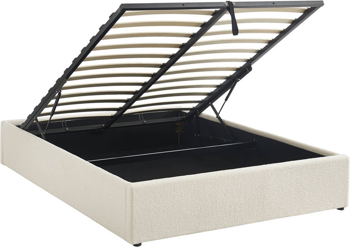 sweeek - Bed met lattenbodem en hoofdeinde, bouclé afwerking, wit