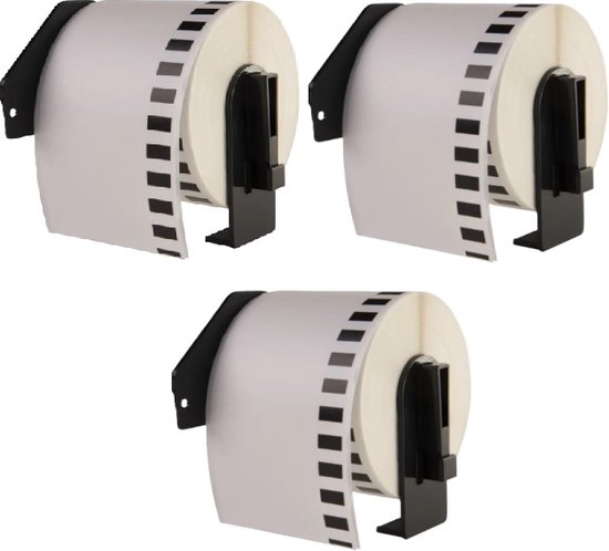 Drie rollen wit labeltape met zwarte markeringen op een zwarte houder.
