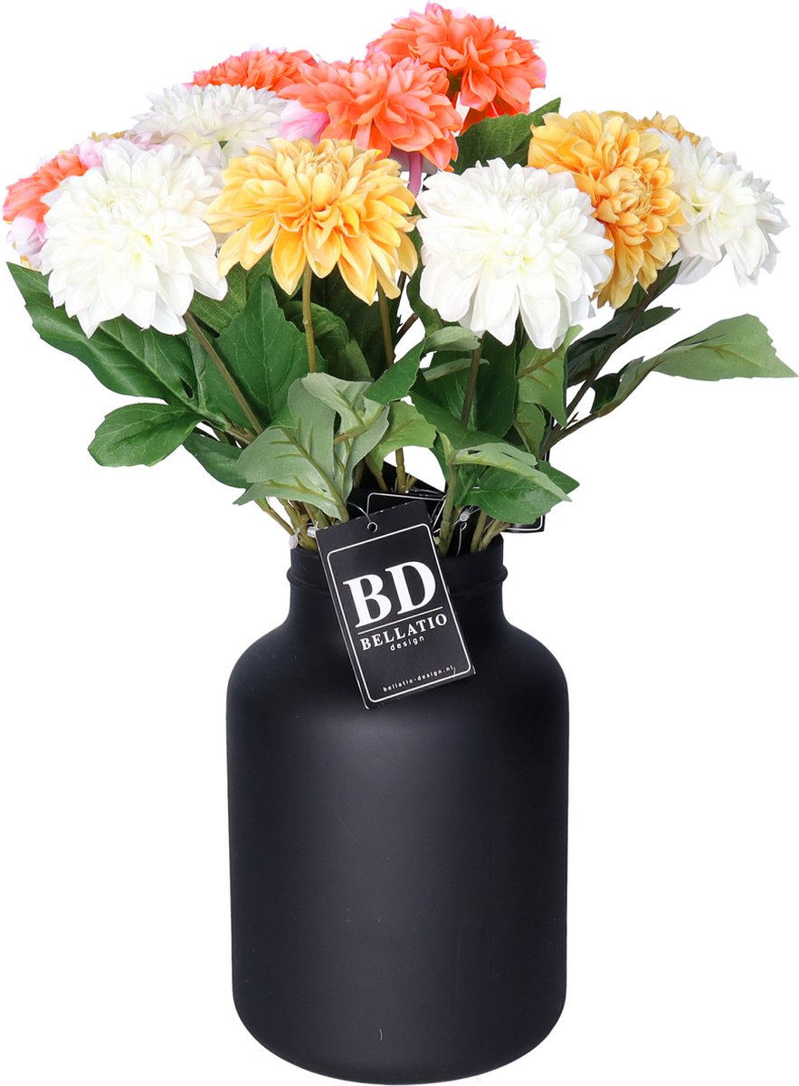 Bellatio Design Kunstbloemen boeket Dahlia's - 12 stelen - 50 cm - kleurenmix - zijdebloemen oranje