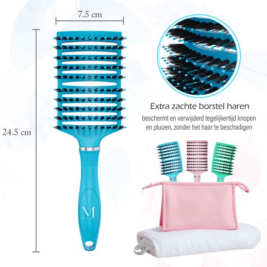 MOONIE'S® Brosse à Cheveux Perméable à Ventilation Courbe - Brosse à Cheveux Anti-emmêlement - Blauw - Brosse Démêlante - Brosse Ventilée Courbe - Blue