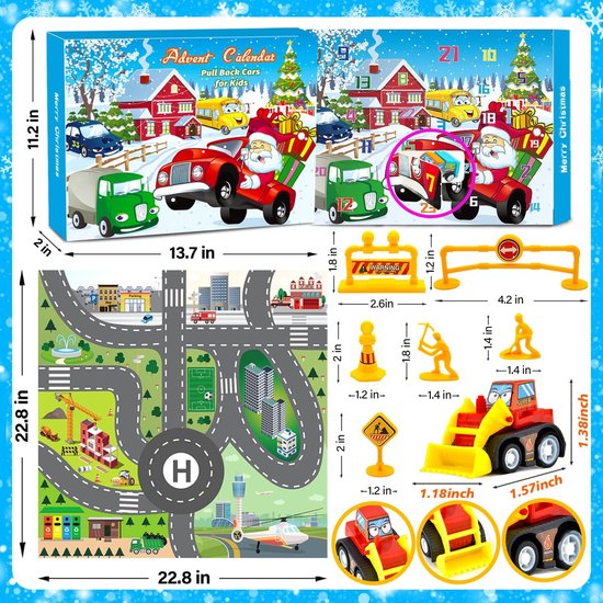 D-FantiX Kerst-adventskalender, kinderen Building Toys adventskalender met voertuigen pull back cars bouwspeelgoed 24 dagen countdown cadeau