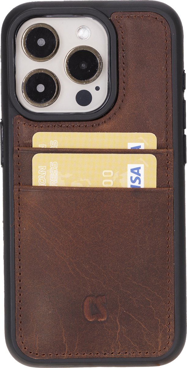 Charmant Style - Telefoonhoesje-iPhone 15 Pro Hoesje Met Pasjeshouder-Antic Coffee-Geschikt voor iPhone 15 Pro lederen hoesje-RFID Bescherming-Back Cover hoesje