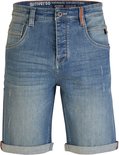 Blauwe denim short met omgeslagen broekspijpen, ritssluiting en zakdetails.
