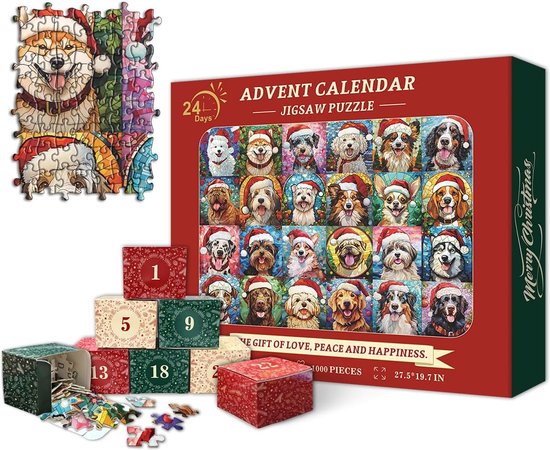 Adventskalender-Adventskalender 2024-24 Dagen Aftellen Naar Kerstmis Kalender-2024 Puzzels voor Volwassenen 1000 Stukjes-Hond Mozaïek Glas-in-lood Puzzel Aftelkalender, Kleurrijke Dieren Kerst Legpuzzels als Woondecoratie