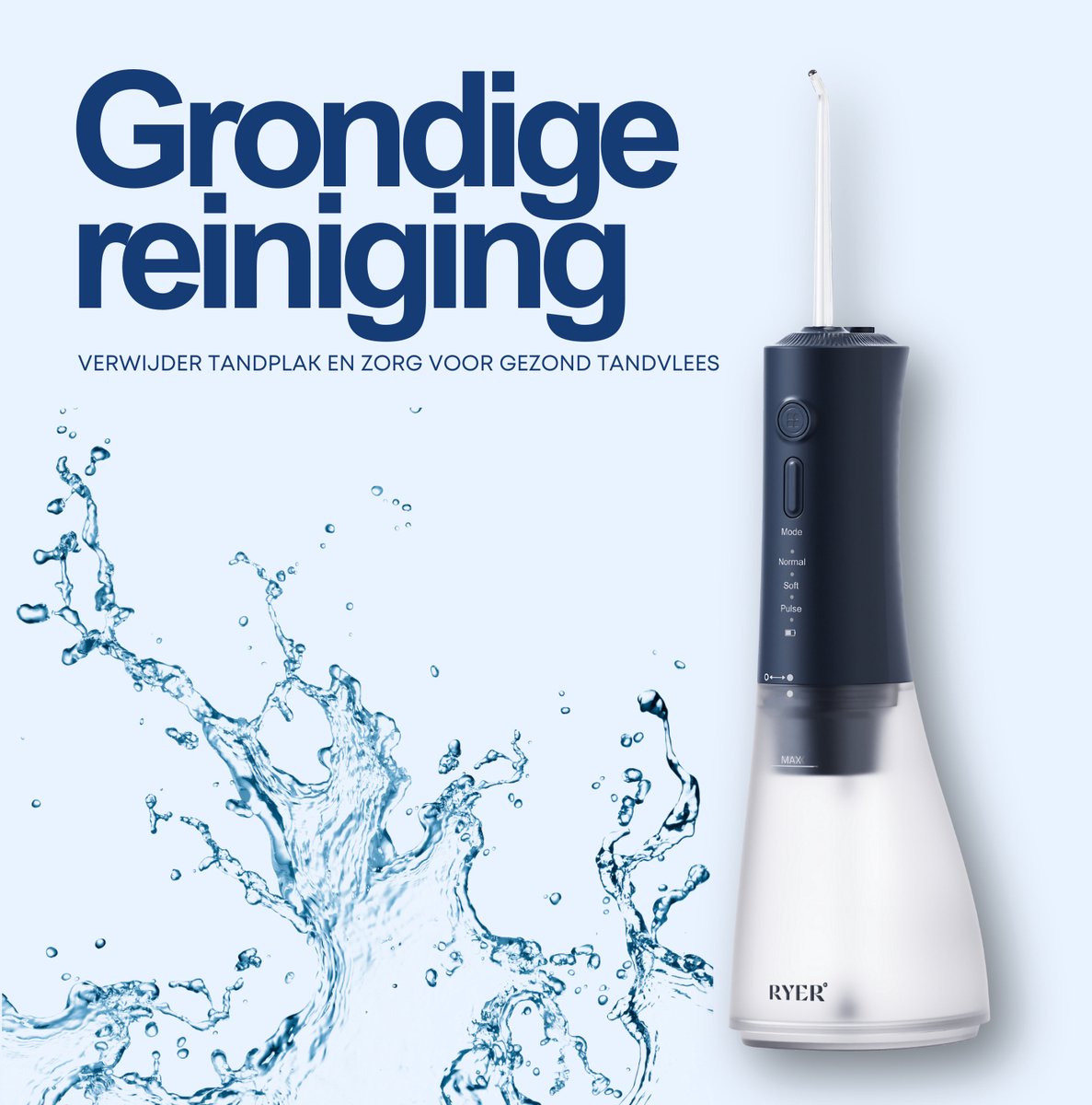RYER Waterflosser - Draadloos - IPX7 - 320 ml Tank - 3 Standen (Normaal/Zacht/Pulse) - 4 360° Opzetstukken - 2-min Timer & Geheugenfuncties thumbnail 3