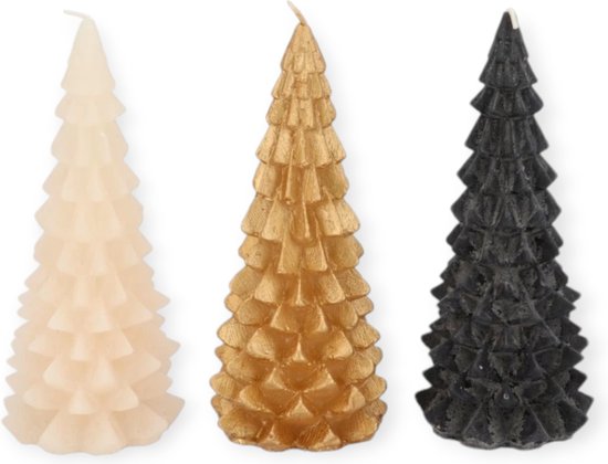 Daan Kromhout - Kerstboom kaarsen - Set/3 - Zwart, Goud, Creme - 9x20cm