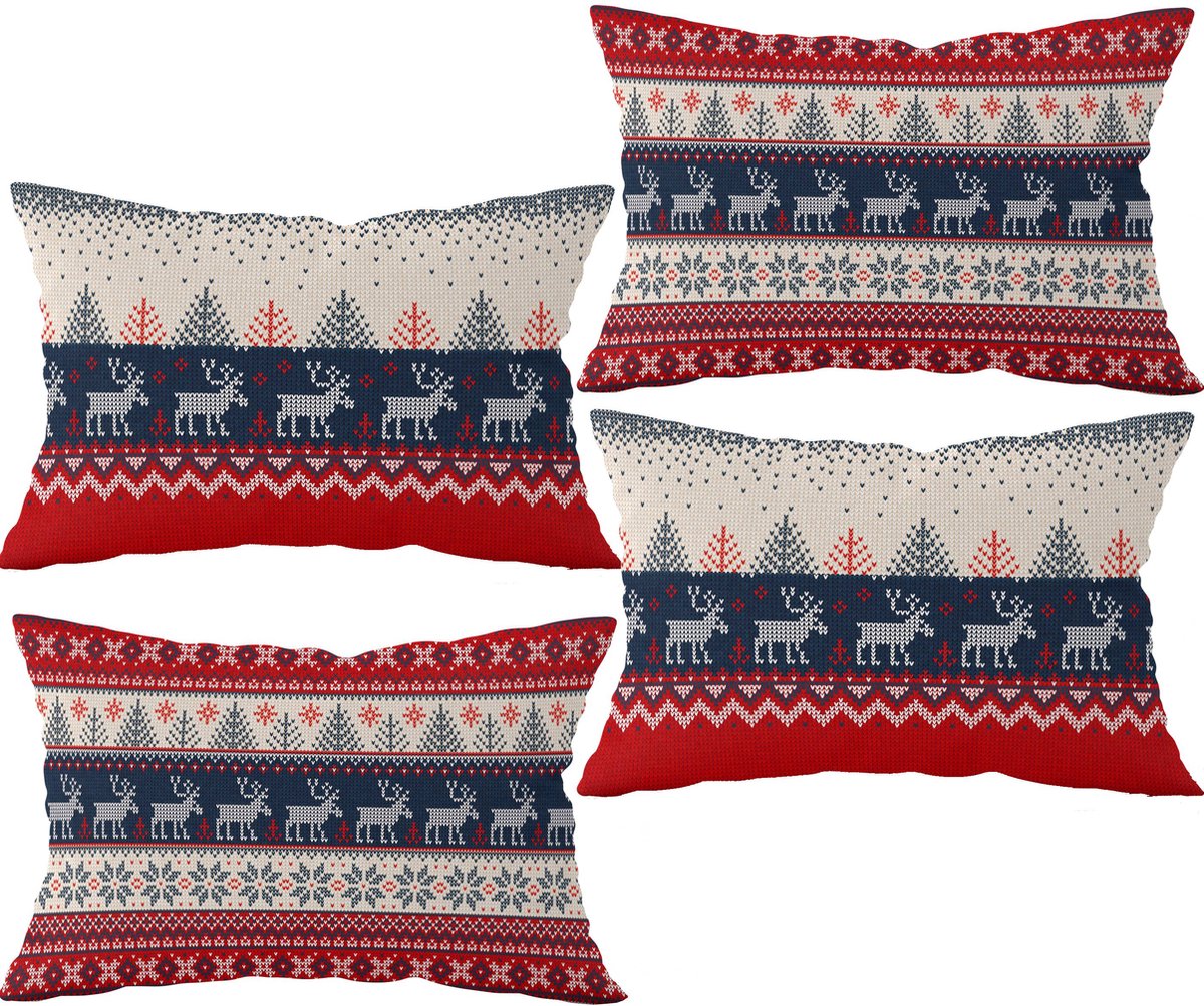 De Groen Home Velvet Kussenhoes set van 4 - 30x50 - Kerst rendieren - Aan beide zijdig bedrukt Rood