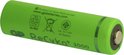 Eén groene GP ReCyko+ 2000mAh oplaadbare AA batterij, met waarschuwingssymbolen.