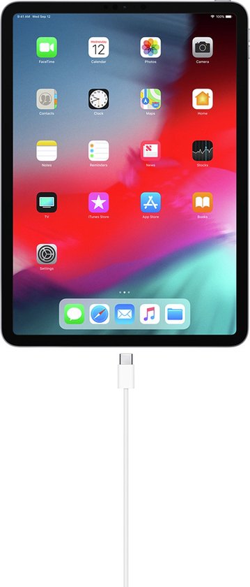 Apple iPad Pro met een witte USB-C kabel aangesloten aan de onderkant.