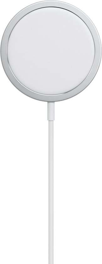 Chargeur MagSafe blanc avec bordure argentée et câble blanc.
